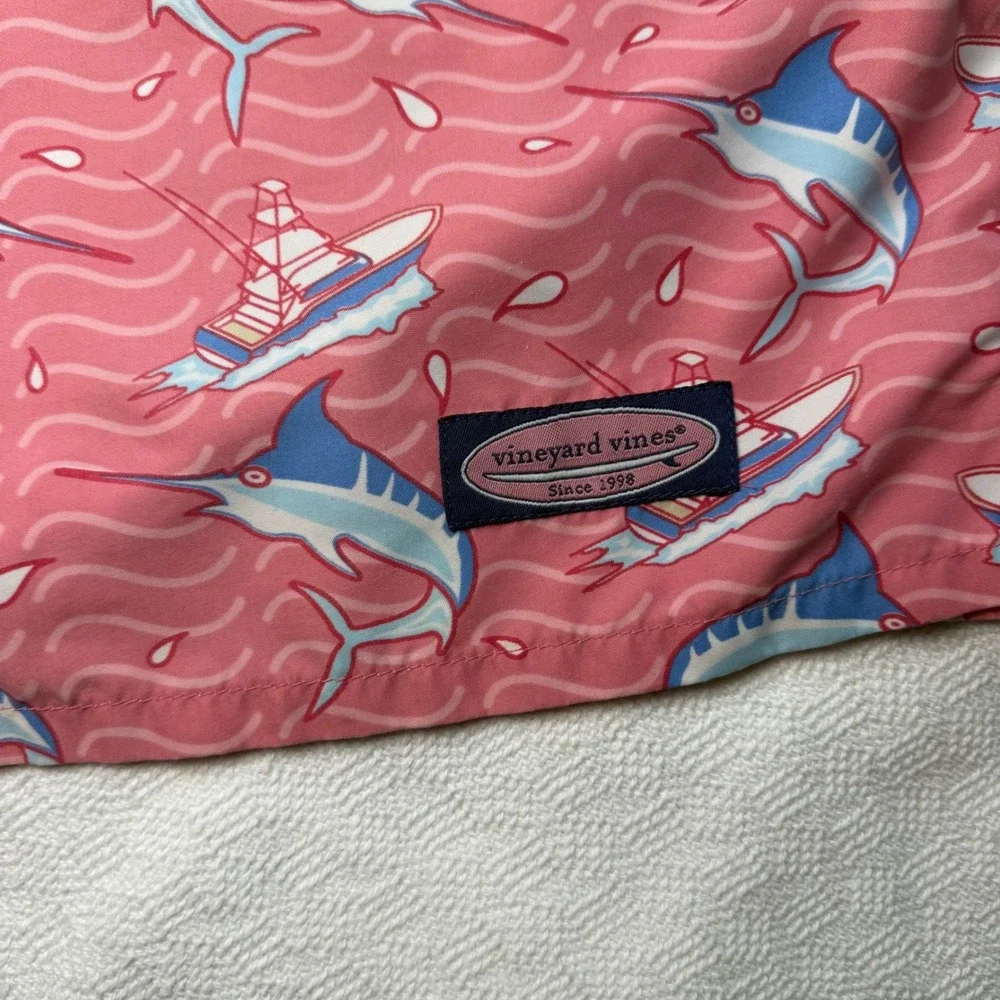 Vineyard Vines Mens Pink Marlin Boat Print Swim Trunks Board Shorts Size Large